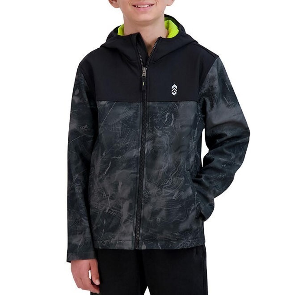 Free Country Boys Softshell Jacket Size 4 Map Print Black Hooded Full Zip NWT